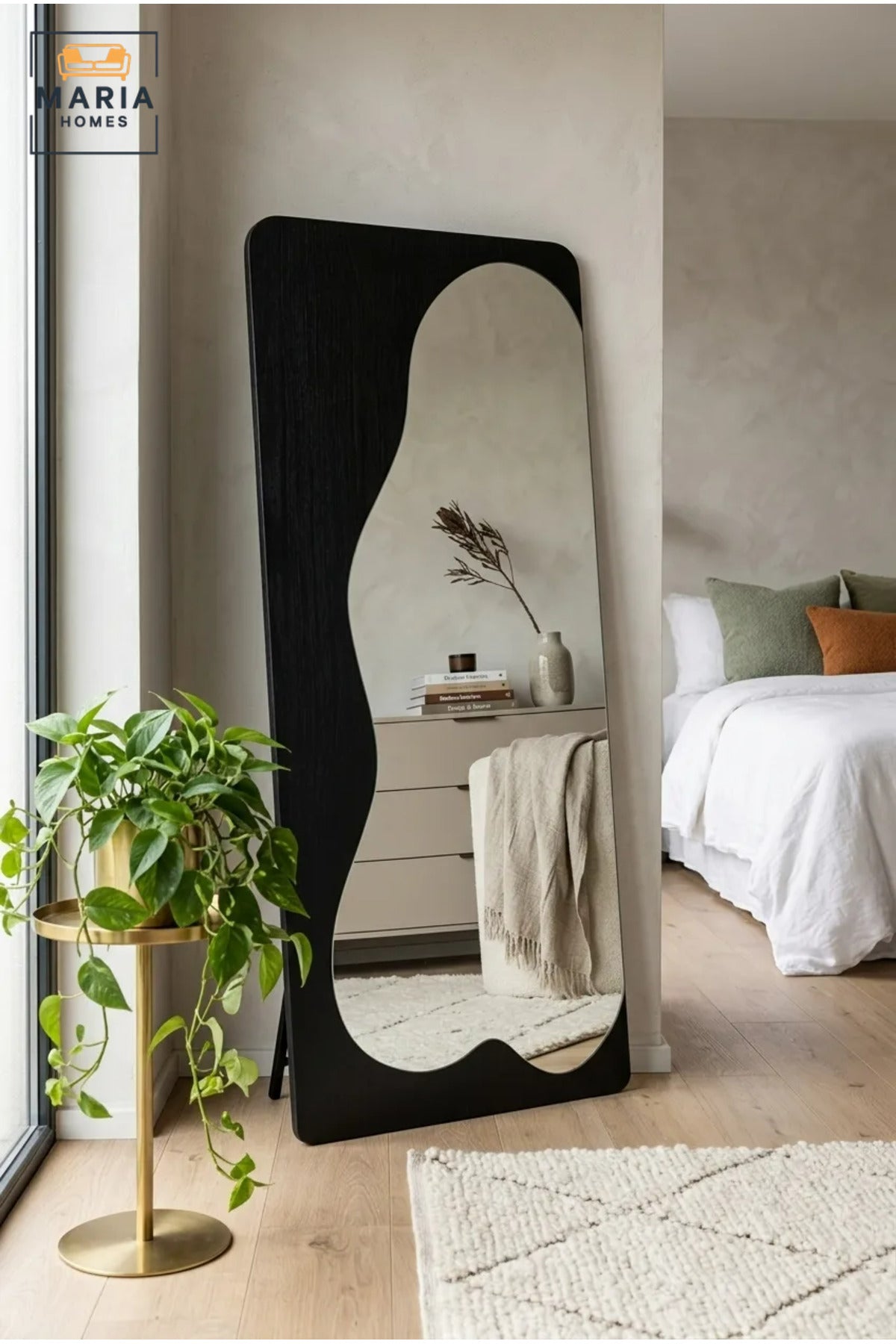 Modern Full Length Floor Mirror with Organic Shaped Design and Freestanding Wooden Frame for Bedroom, Dressing Room, Entryway, Salon and Boutique
