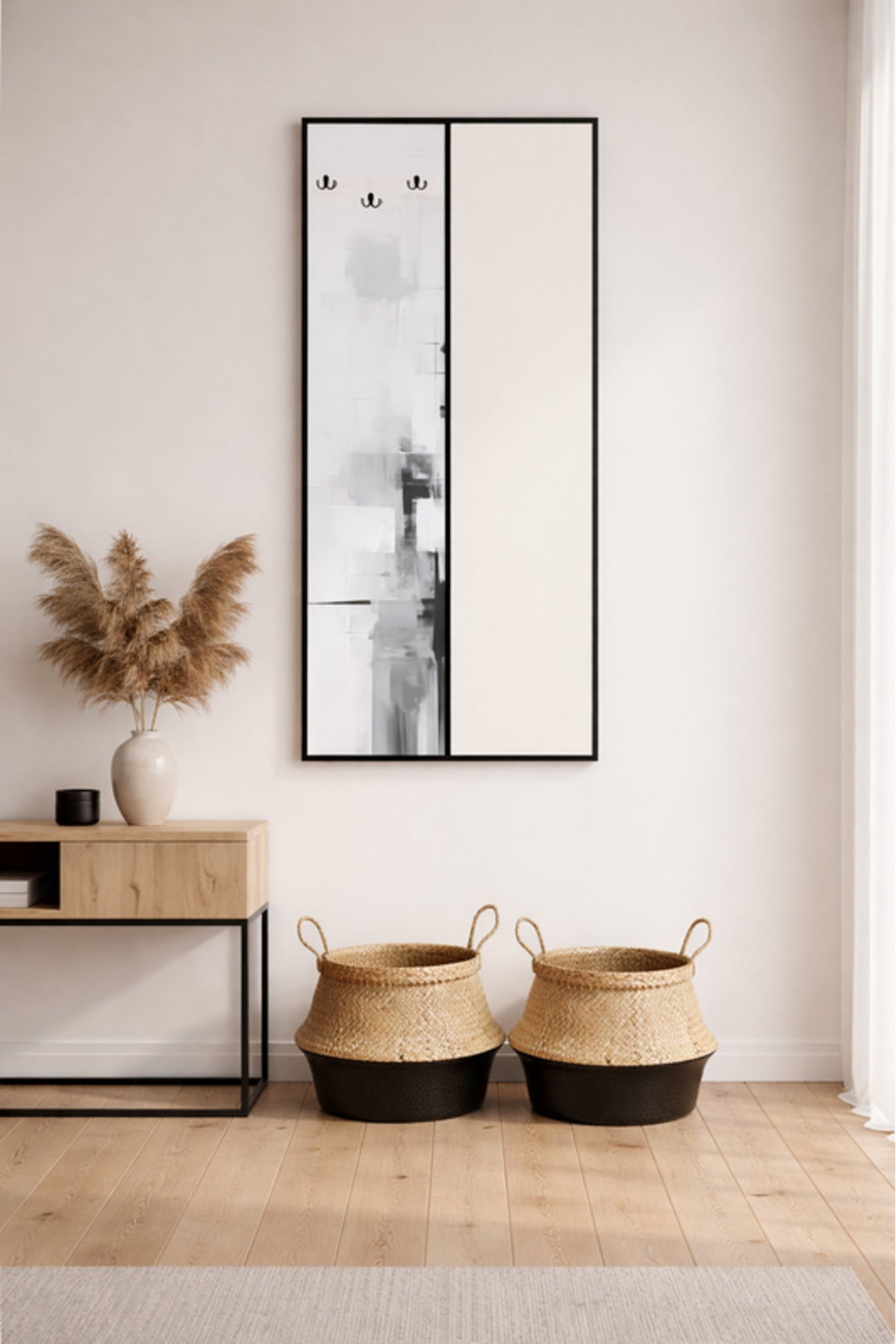 Wall Art Panel with Mirror and Hooks for Entryway Living Room 180x80cm wall art panel