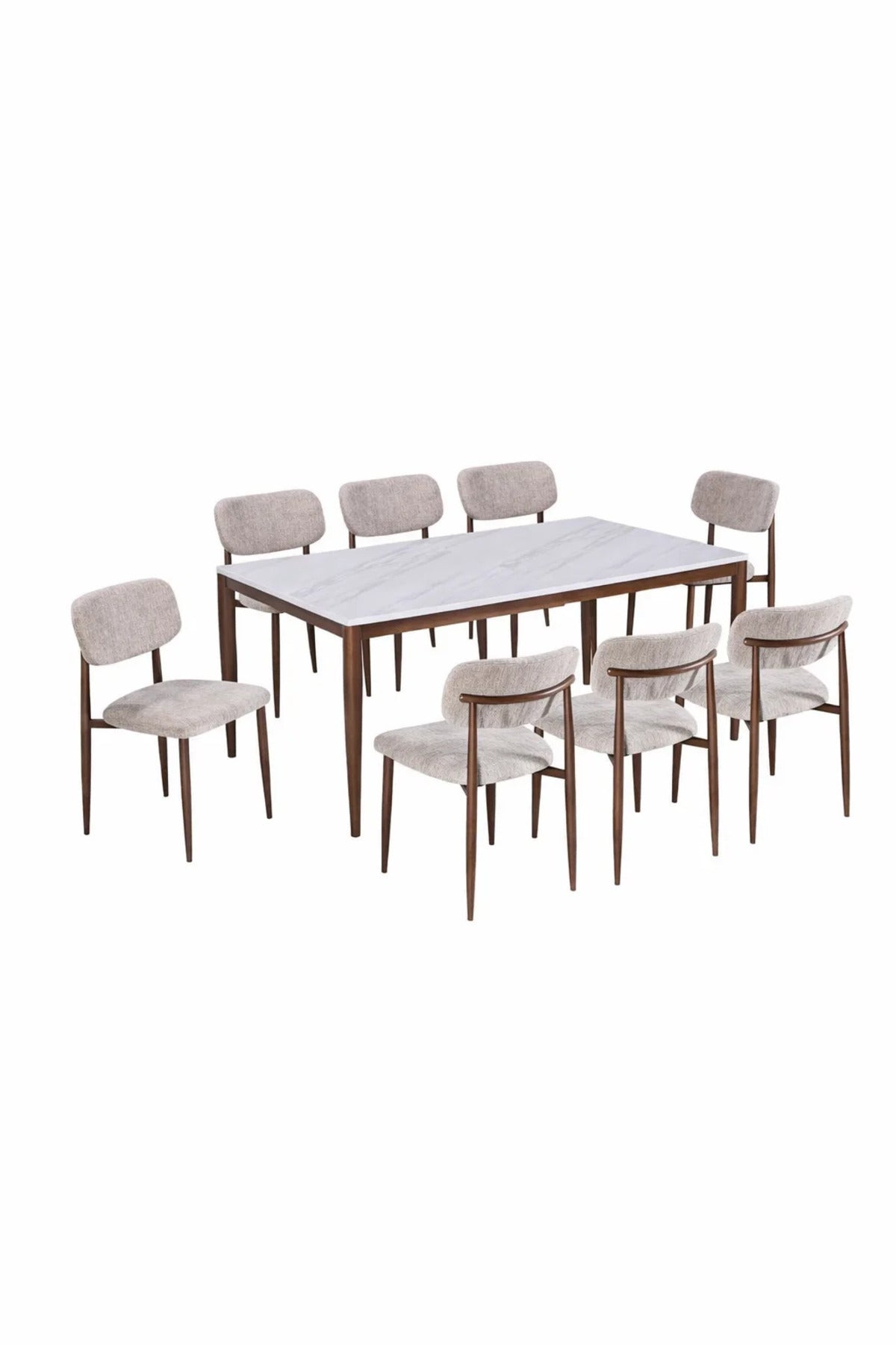 Elegant 8-Person Dining Table Set White Marble Pattern Top with Beige Fabric Wooden Chairs