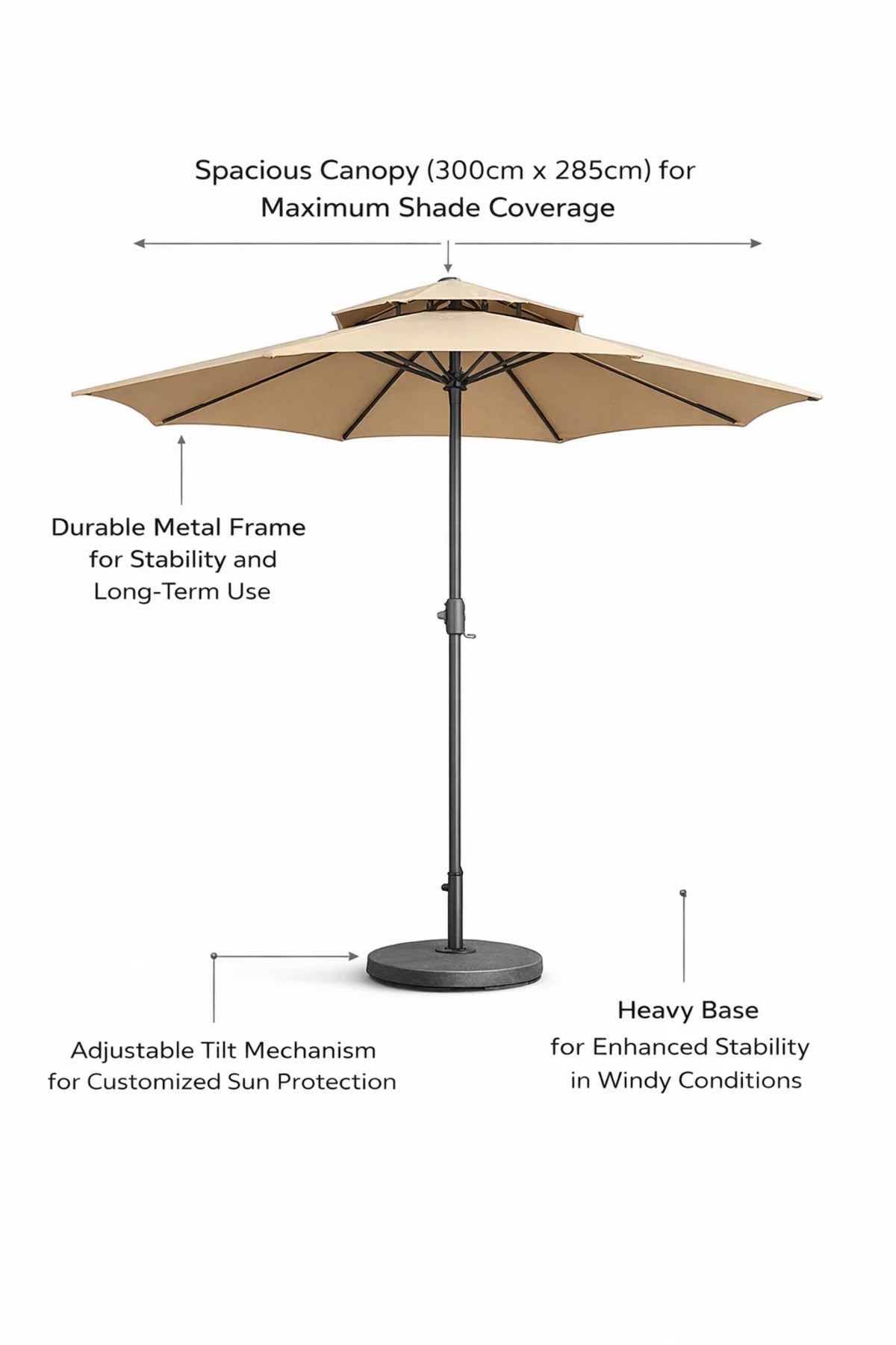 Luxury Camel Garden Umbrella 300cm Double Tier Patio Awning with Crank for Poolside Shade Sun