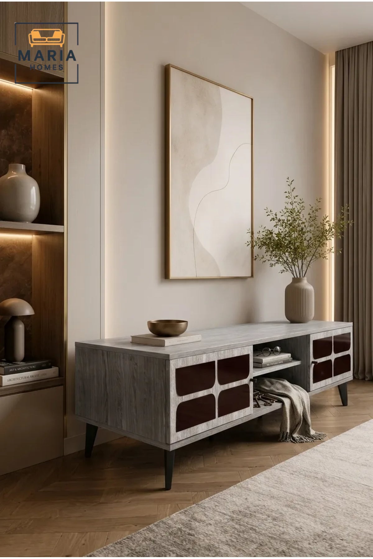 Modern Grey TV Unit 160 _ 40 _ 45 cm √ê Entertainment Center with Decorative Cabinet Doors and Open Storage Shelf