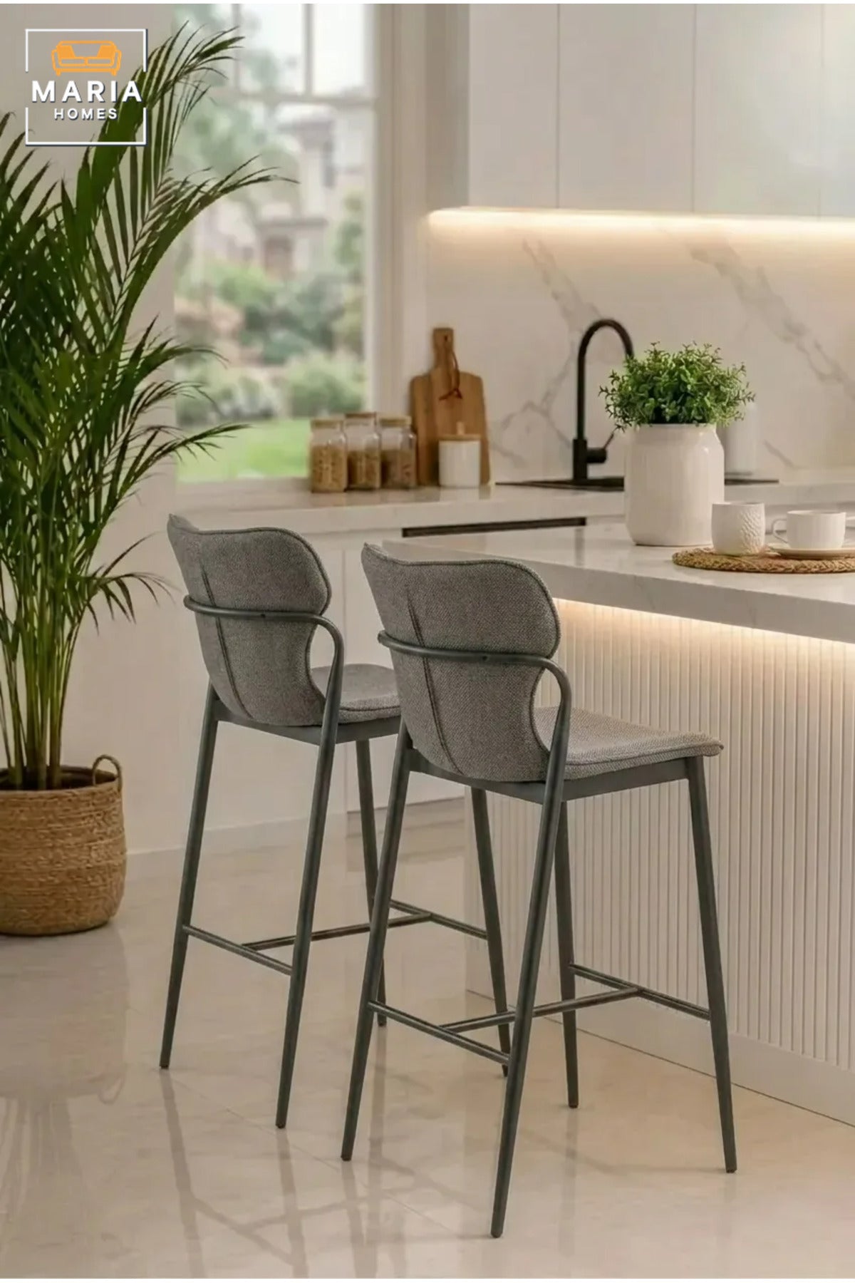 Modern Grey Upholstered Bar Chair – Contemporary Counter Height Stool with Metal Frame & Footrest