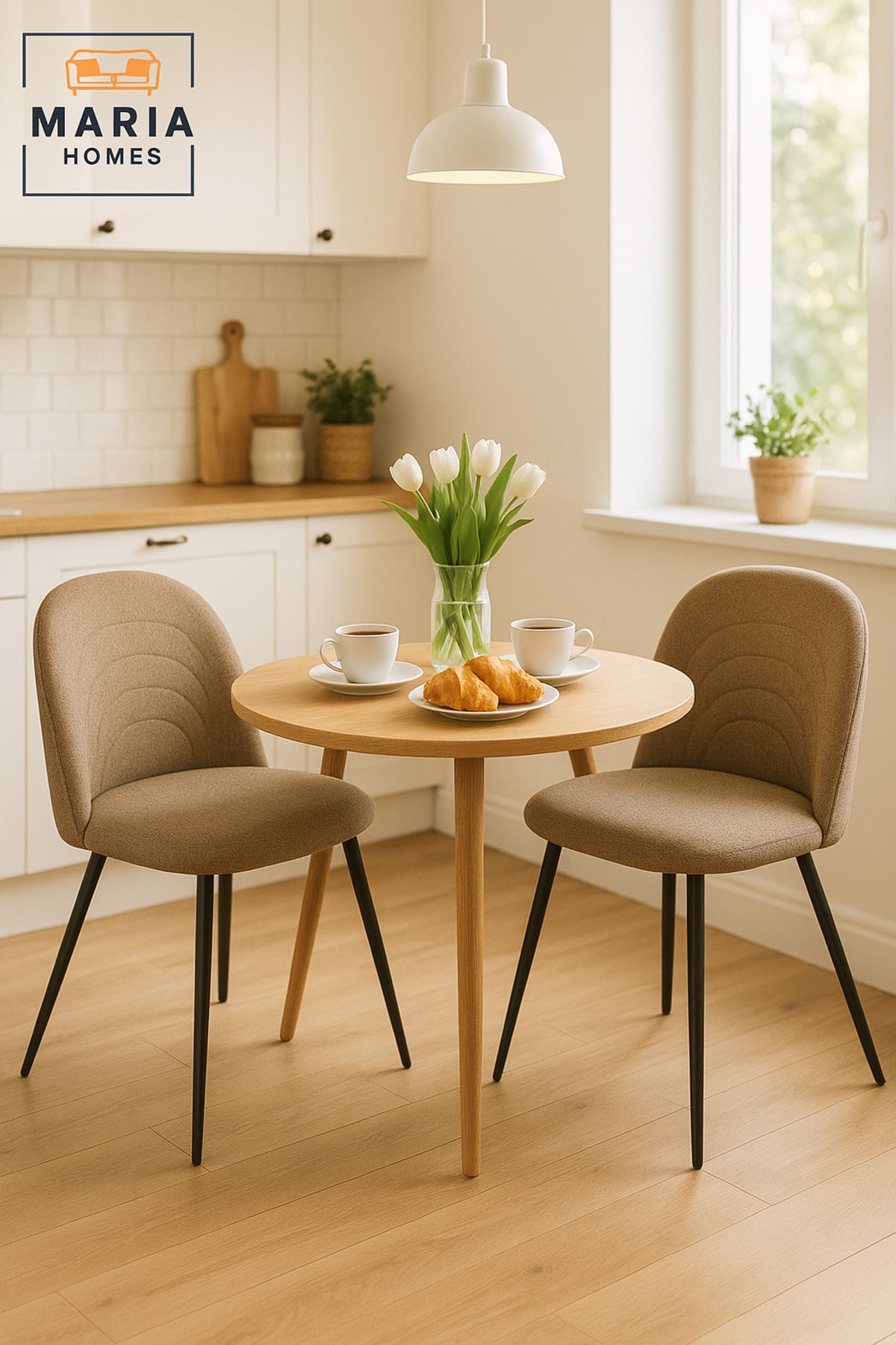 Beige Upholstered Dining Chair Ð Modern Sandy Fabric Seat with Black Metal Legs