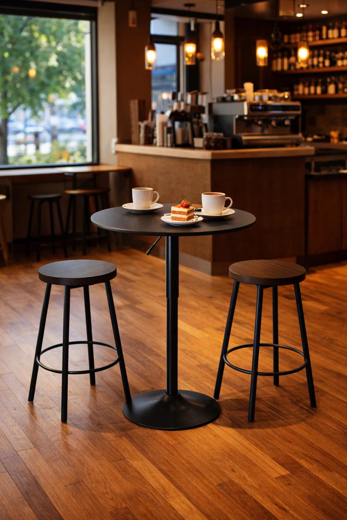 Modern Black Round Bistro Table 70cm Adjustable Height Pedestal Stand for Kitchen Dining Area