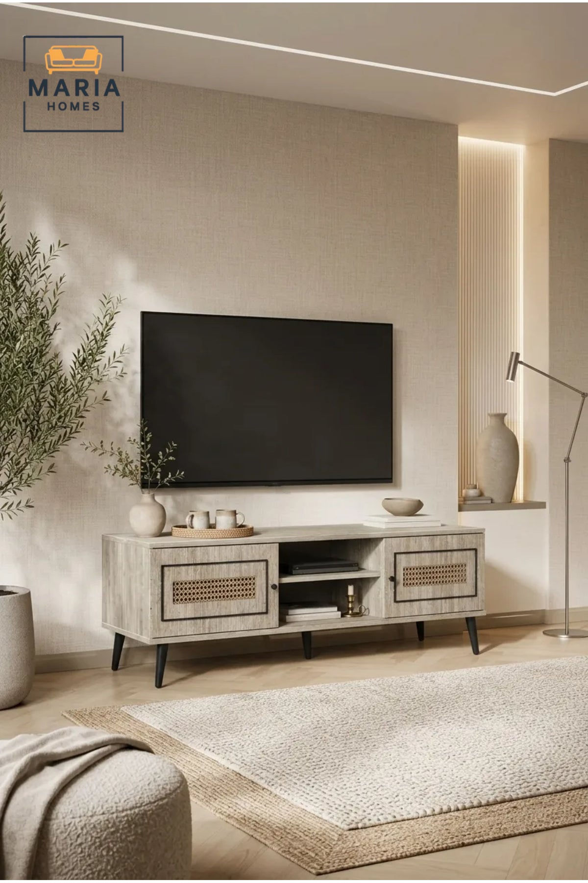 Modern Rattan TV Unit 180 _ 40 _ 45 cm √ê Wooden Entertainment Center with Storage Cabinets and Open Shelves