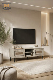 Modern Rattan TV Unit 180 _ 40 _ 45 cm √ê Wooden Entertainment Center with Storage Cabinets and Open Shelves