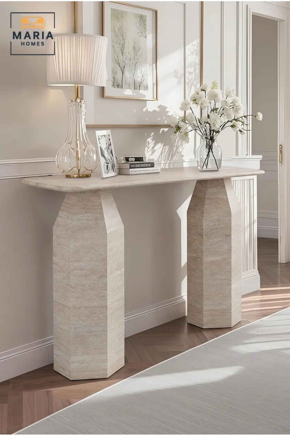 Modern Travertine Console Table √ê 120 cm Entryway Hall Table with Dual Pedestal Base, Luxury Sofa Table for Living Room, Hallway & Foyer