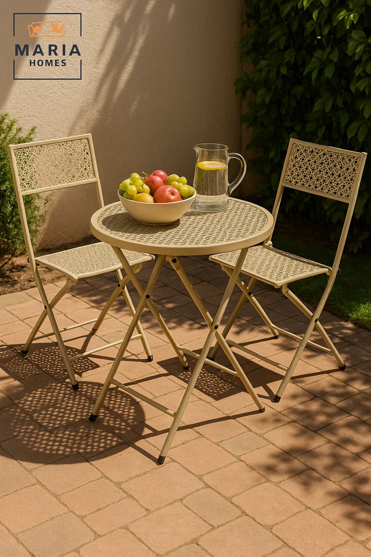 Beige Metal Folding Round Patio Table