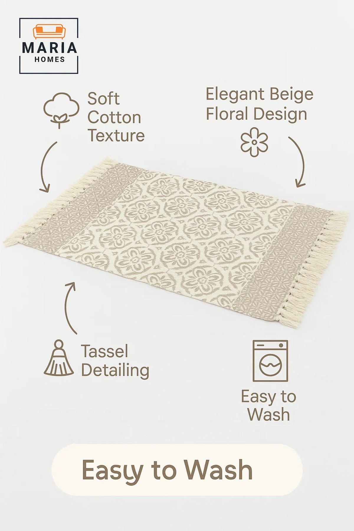 Beige Floral Cotton Accent Rug with Fringe Ðsize 60x80 cm