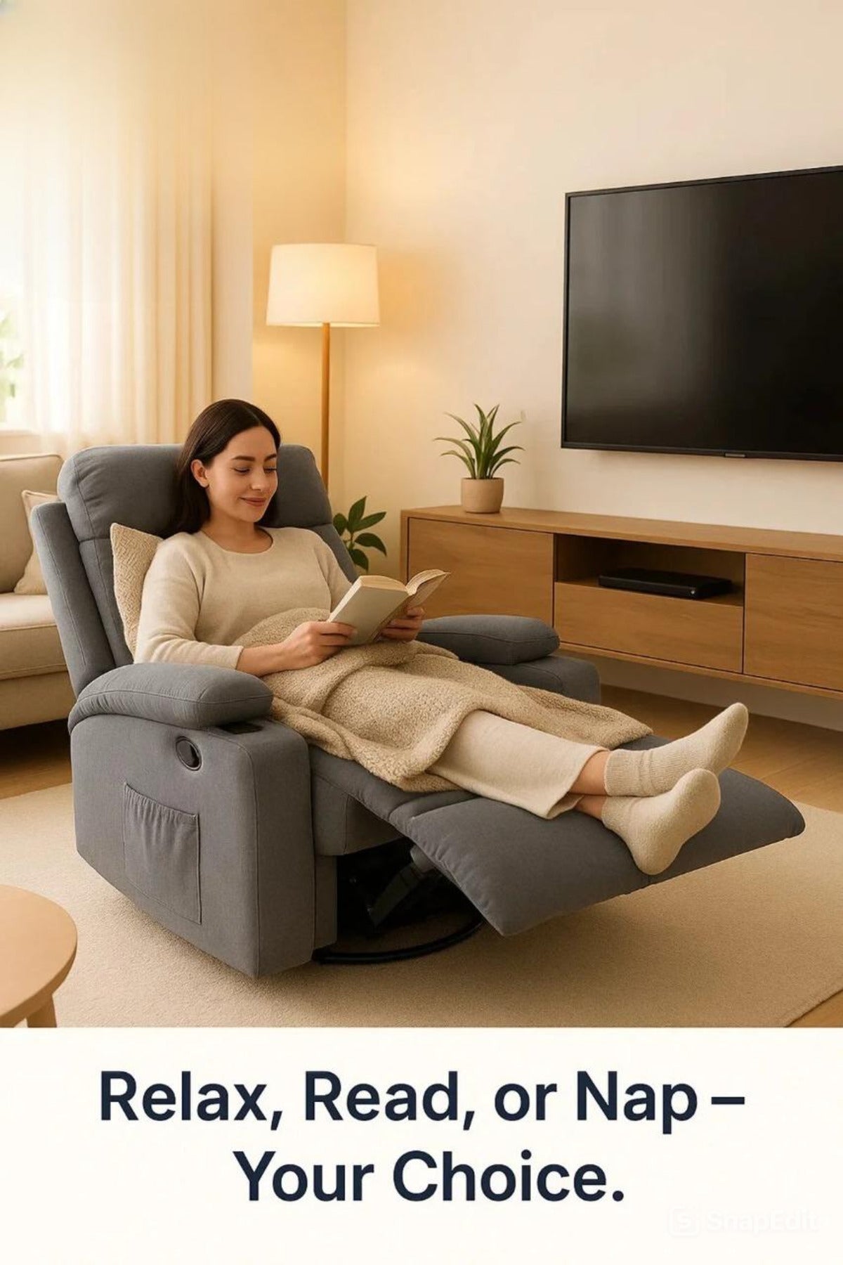 Blue Recliner Armchair with Dual Cup Holders Ð Plush Fabric Lounge Chair for Home & Cinema Use