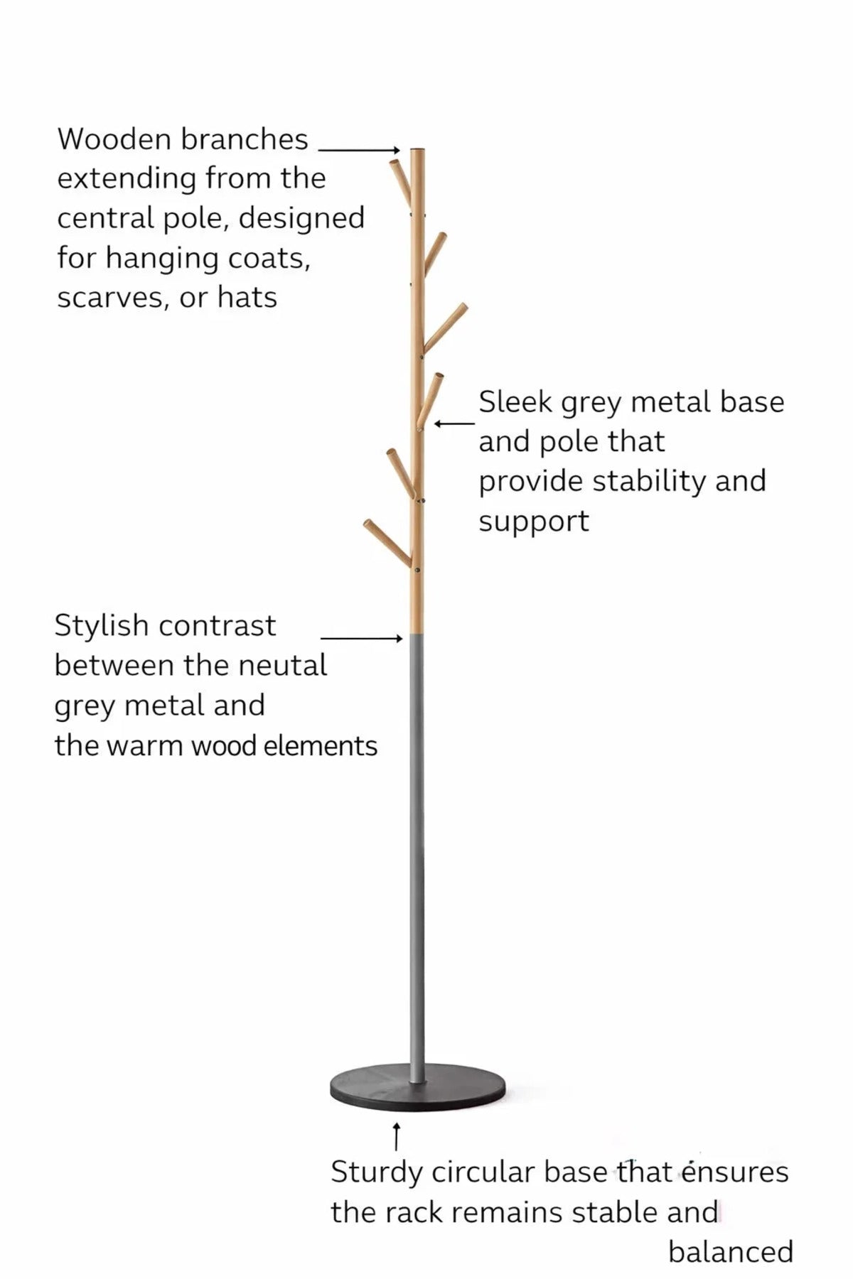 Minimalist Nordic Style Wooden and Metal Coat Rack Stand Floor Hanger for Jackets Hats Bags Clothes