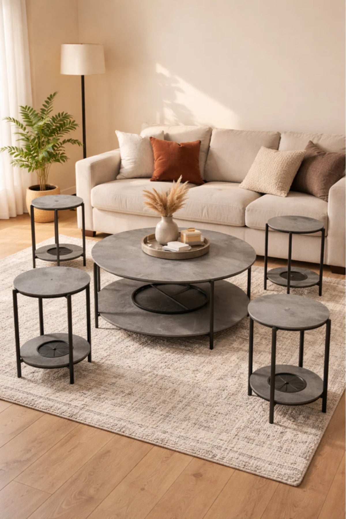 Modern 5-Piece GREY Concrete and Metal Coffee Table Set