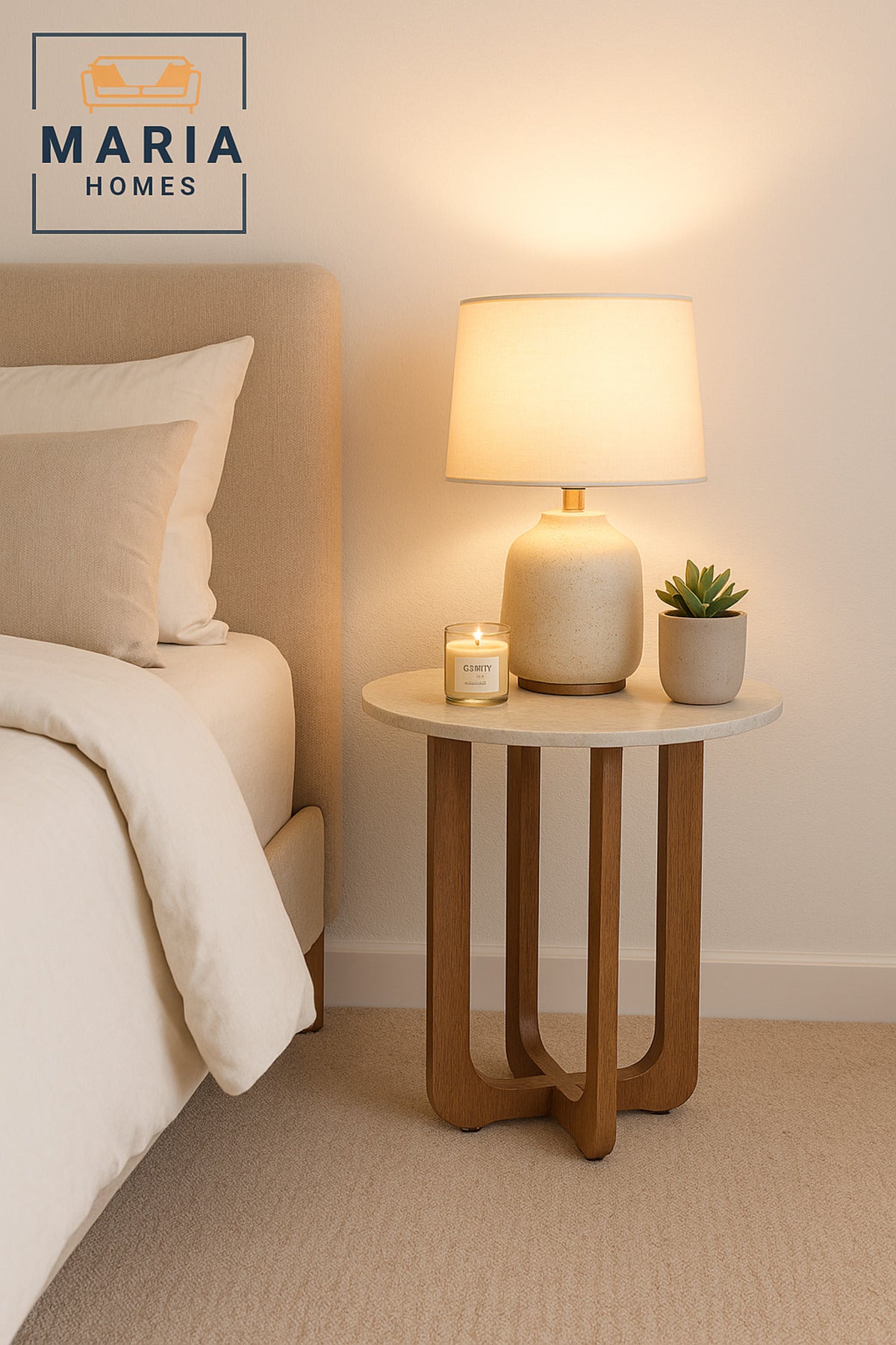 Round Side Table 45_55 cm Ð Modern Coffee Table with Faux Marble Top & Wooden Brown Legs