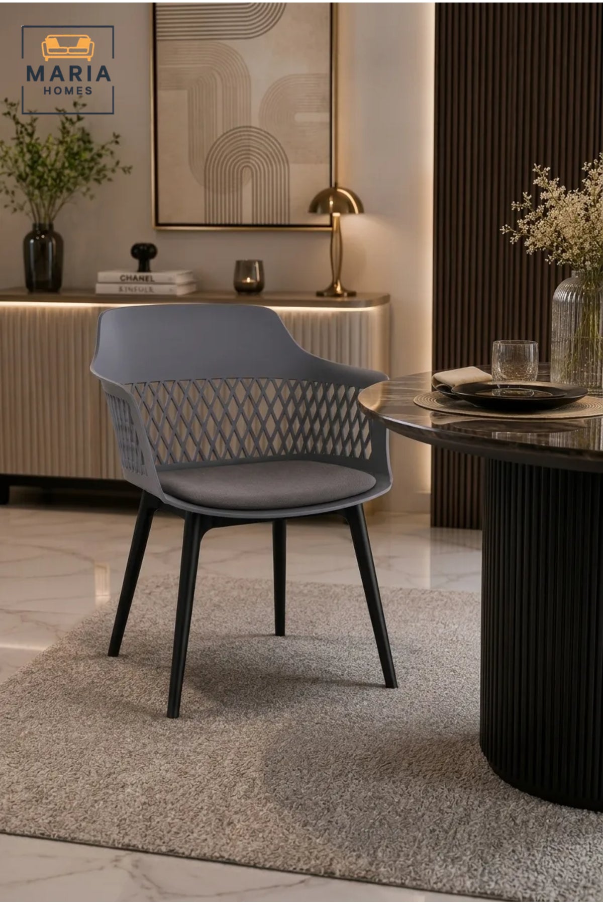 Modern Grey Plastic Dining Chair with Cushion Seat and Armrests Ð Contemporary Indoor Outdoor Chair for Dining Room, CafŽ & Patio