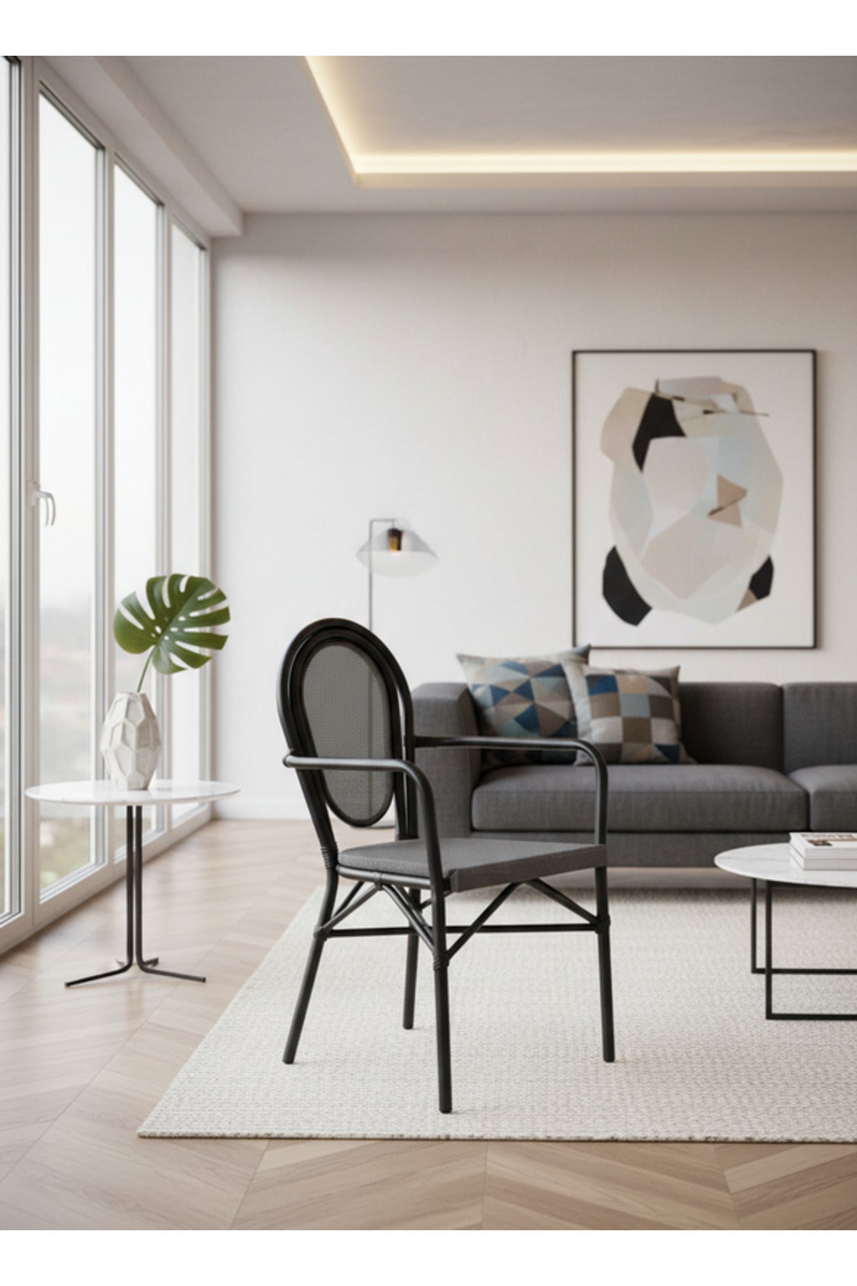 Modern BLACK&GRAY Outdoor Rattan Armchair with Woven Seat & Metal Frame