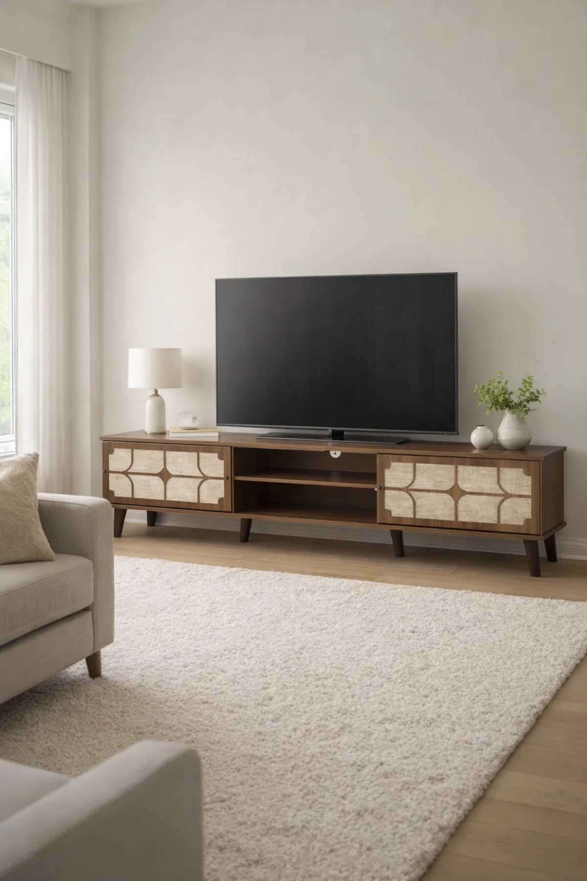 Modern Wooden TV Stand Dark Brown with Beige Stone Pattern 180 x 40 x 43 cm