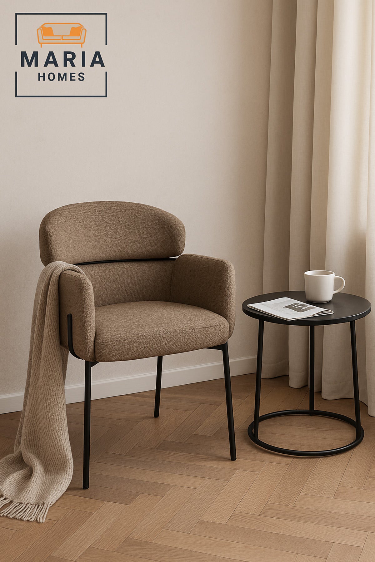 Modern Coffee Upholstered Dining Chair Ð Padded Seat & Back with Black Metal Legs