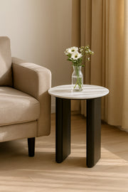 Round White Marble Side Table with Black Base Ð Modern Accent Table for Living Room 45_57 cm