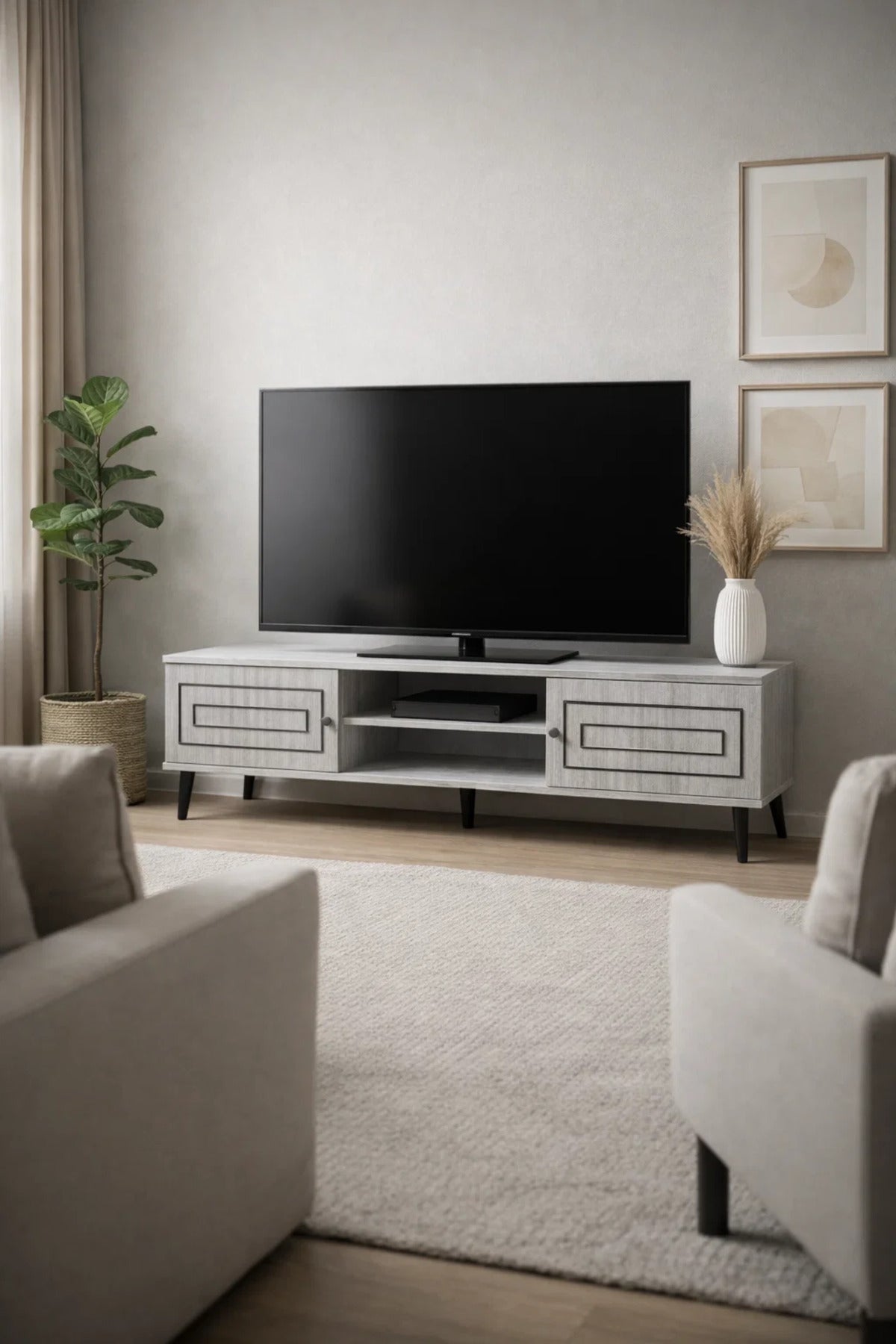 Modern Grey TV Stand Unit 160cm Entertainment Center with Storage Cabinets and Open Shelving Racks