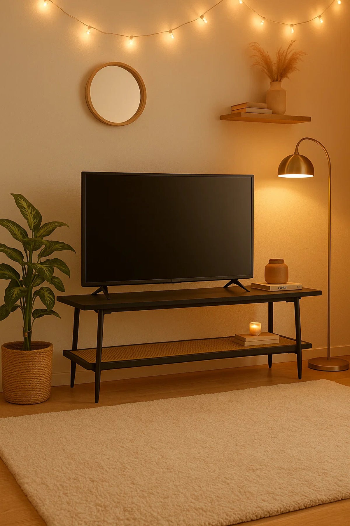Contemporary Black TV Stand with Rattan Shelf Ð 160x40x50 cm Two-Tier Media Console