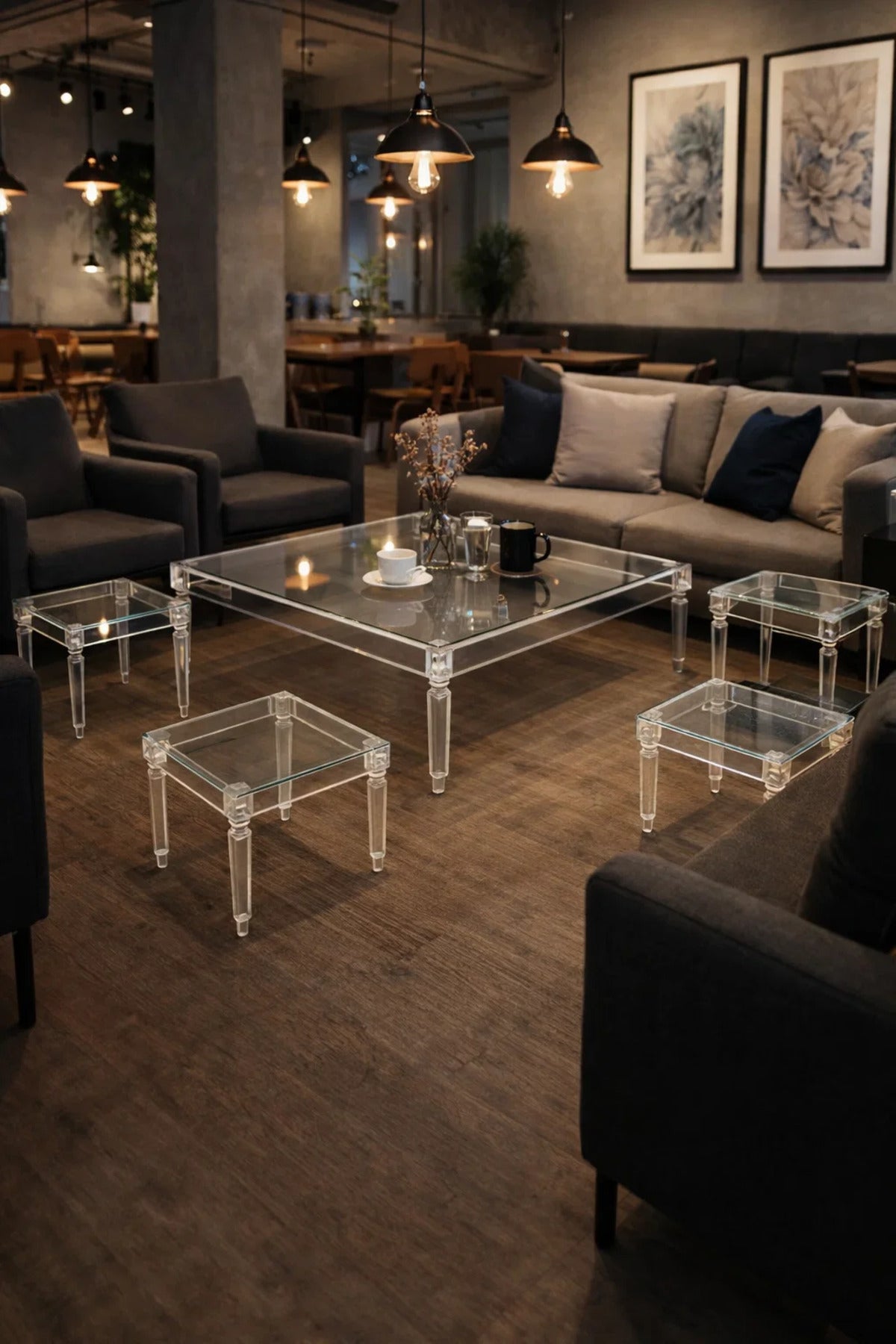 Modern 5-Piece Glass Coffee Table Set with Acrylic Base √ê Clear Glass with Elegant Acrylic Legs