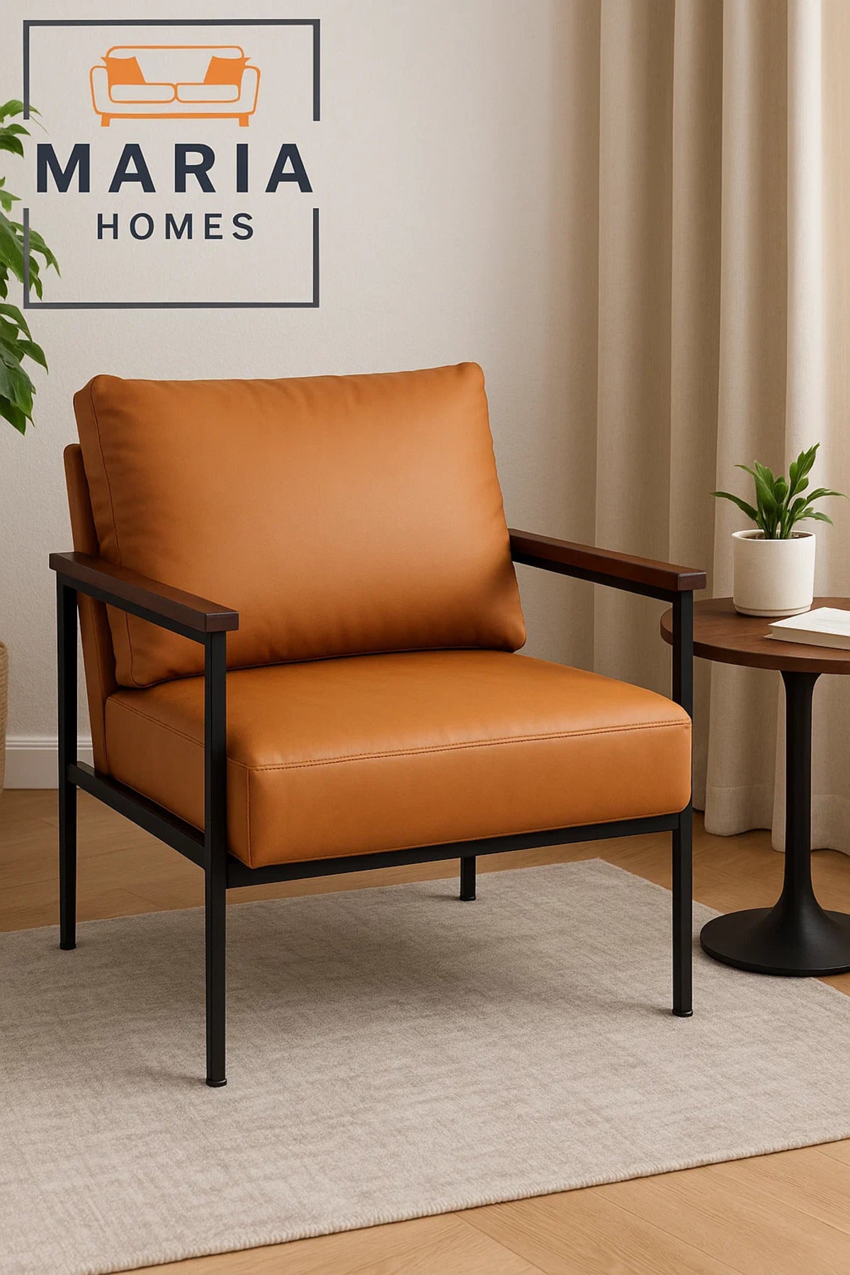 Orange Faux Leather Lounge Chair Ð Modern Armchair with Black Metal Frame & Wood Armrests