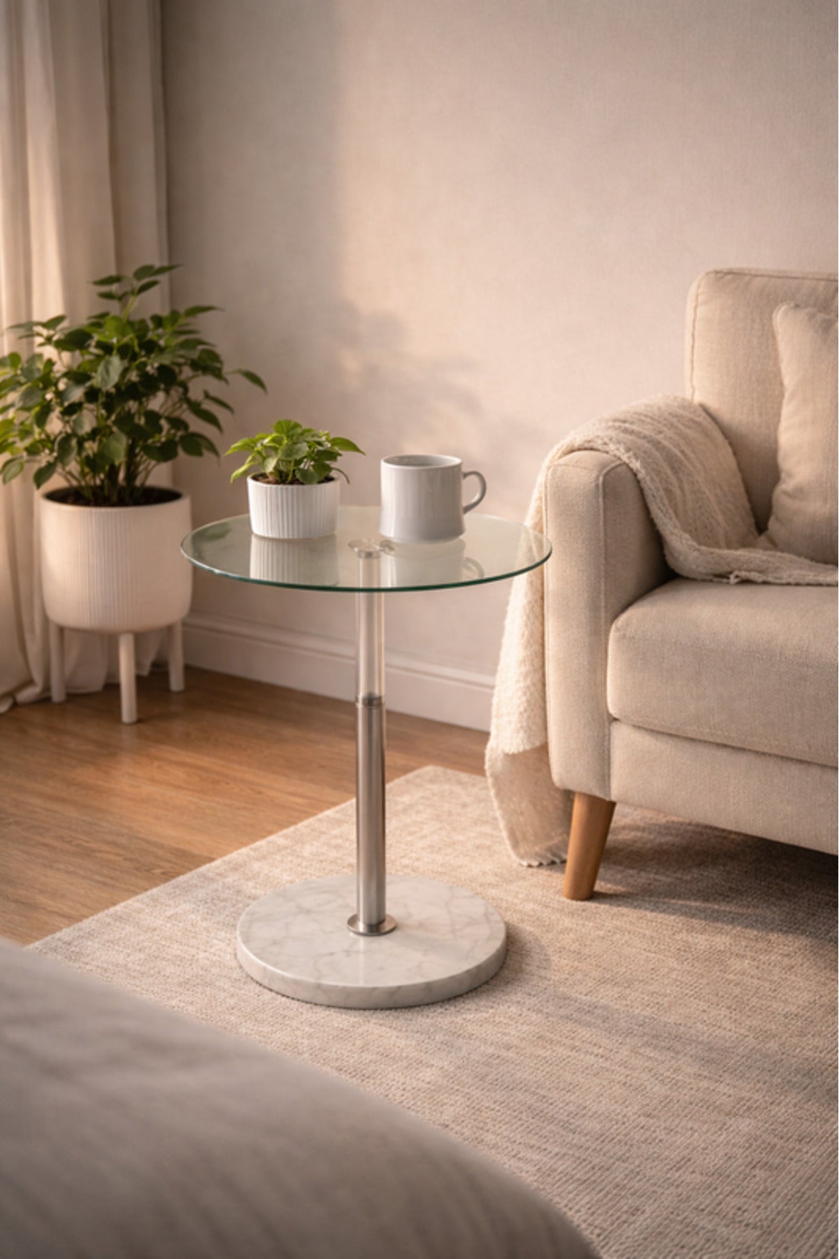 Round Glass Side Table with Silver Column and Marble Base 35_35_56 cm Accent round