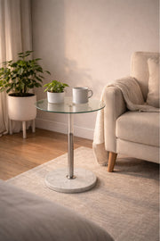 Round Glass Side Table with Silver Column and Marble Base 35_35_56 cm Accent round