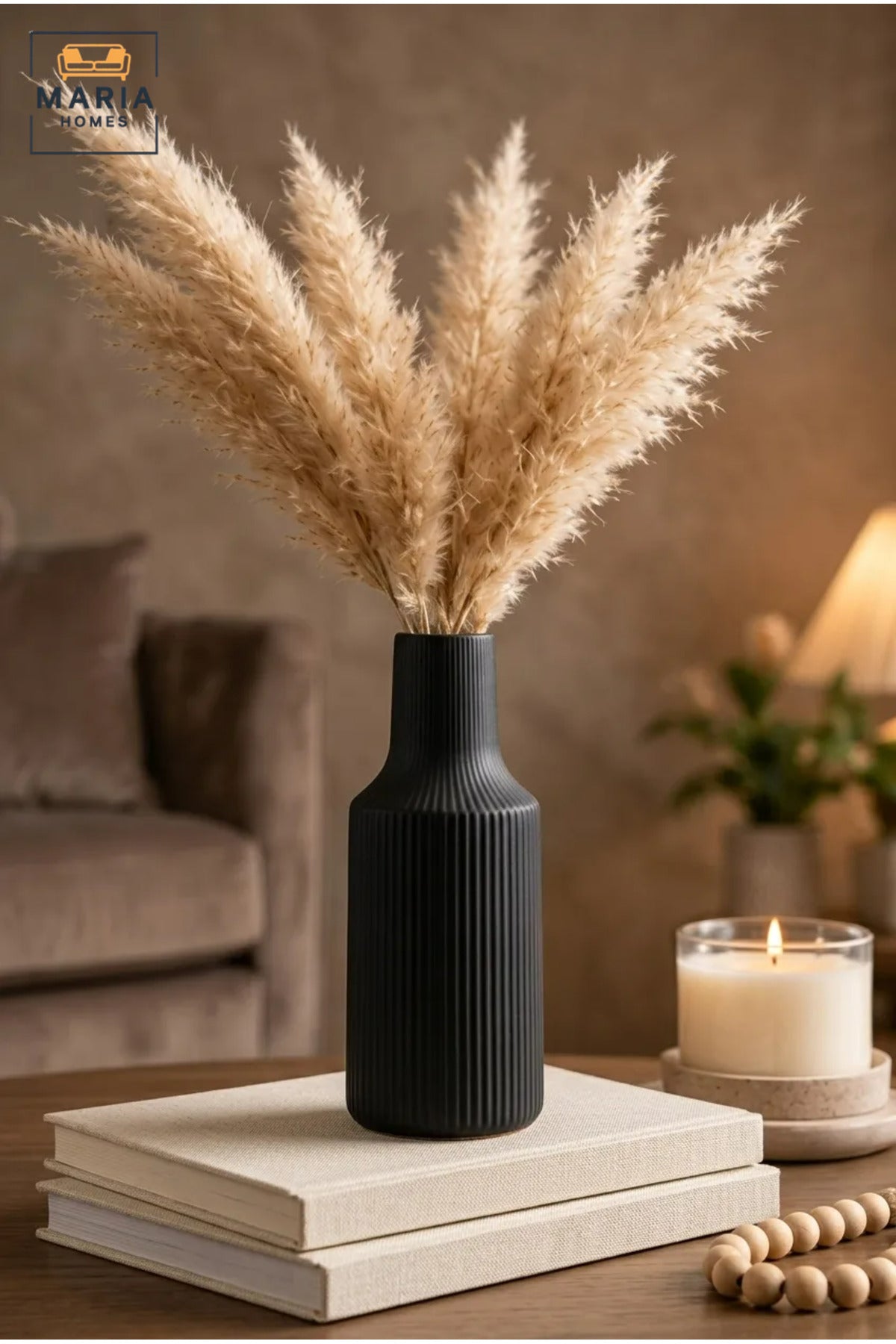Modern Decorative Flower Vase with Ribbed Texture and Narrow Neck for Living Room, Bedroom, Office, Shelf, Console Table and Contemporary Home Décor
