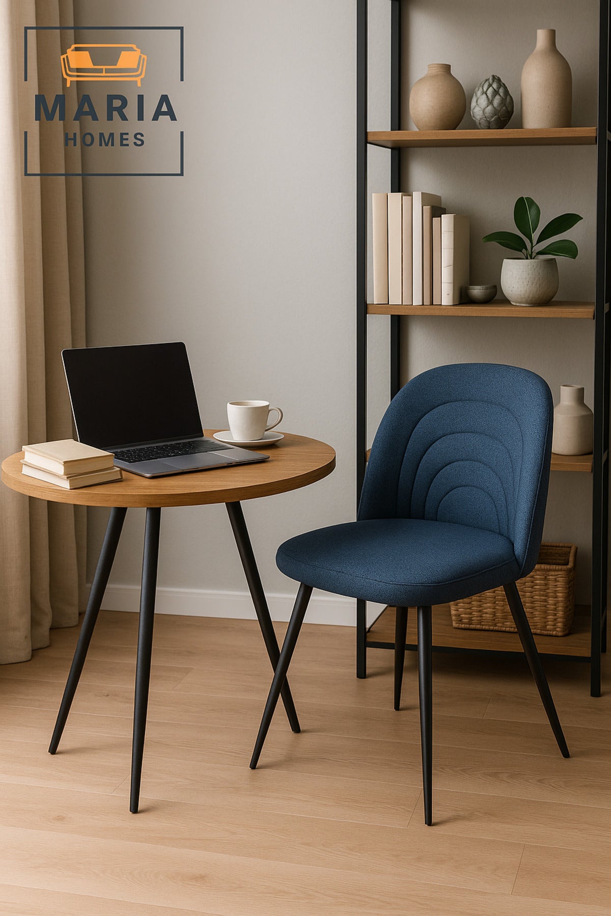 Blue Upholstered Dining Chair Ð Modern Fabric Seat with Black Metal Legs