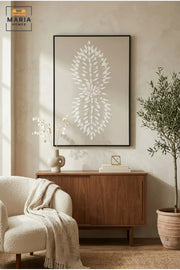 Modern Botanical Textured Wall Art with Slim Black Frame, White Leaf Design on Neutral Grey Canvas for Living Room, Bedroom, Hallway and Office Décor
