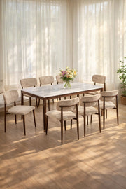Elegant 8-Person Dining Table Set White Marble Pattern Top with Beige Fabric Wooden Chairs