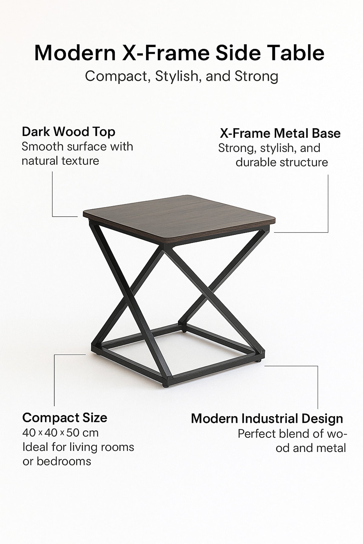 Modern Square Side Table in Dark Wood with Black Metal Cross Base Ð Industrial Accent Table 40_50 cm