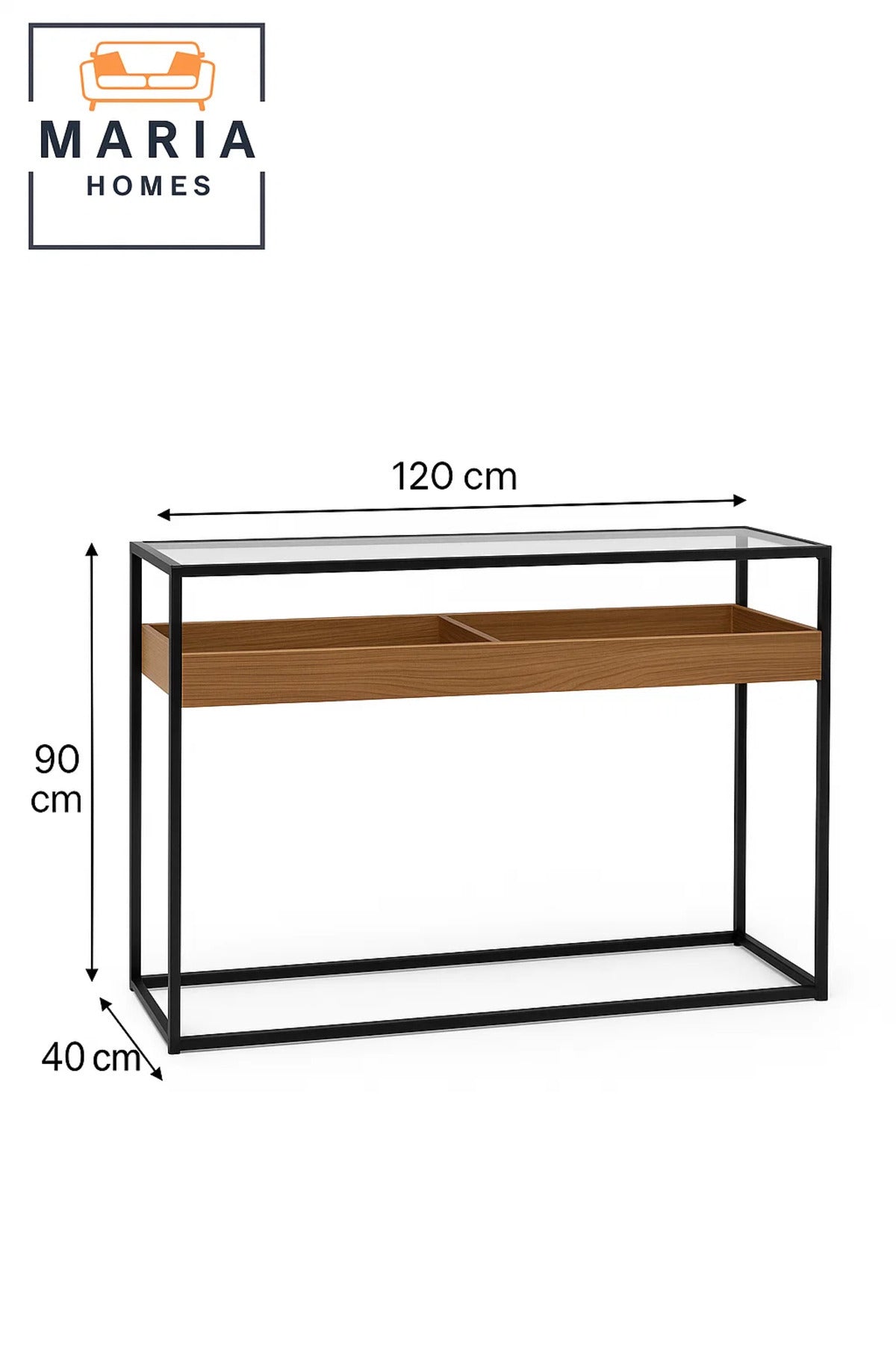 Glass Top Display Console Table with Wood Tray Ð 120x80x85cm Industrial Modern Storage Table