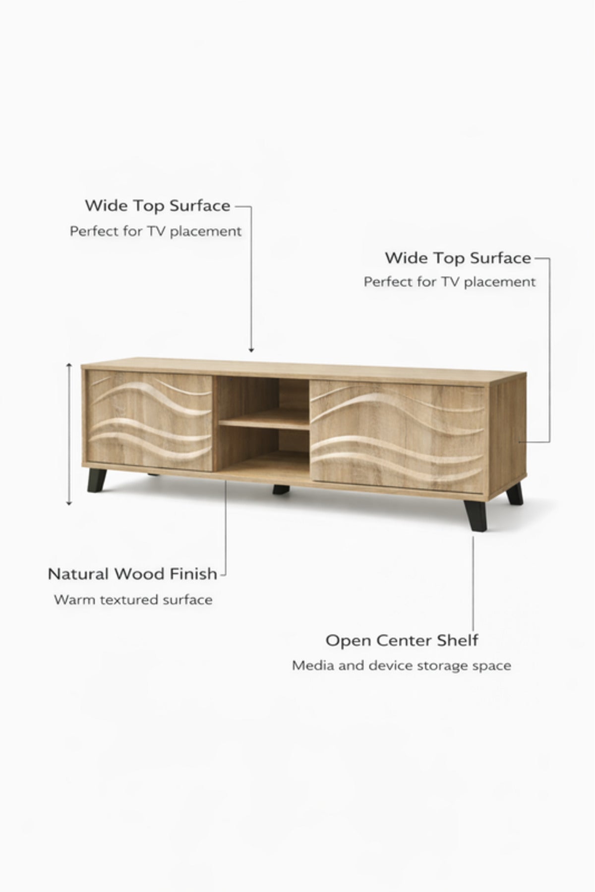 Modern Wood Finish TV Stand with Wave Design and Storage Shelves