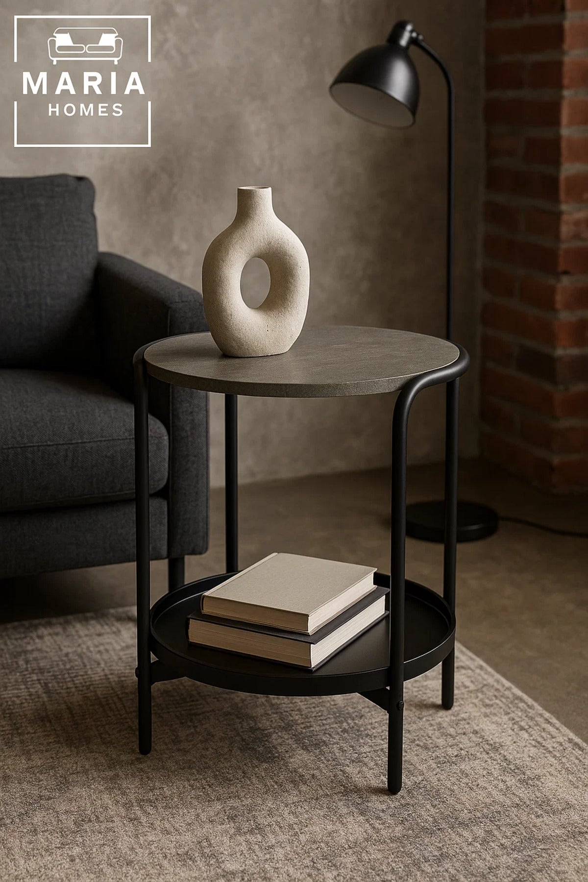 Modern Round Side Table with Stone-Texture Top and Black Tray Shelf