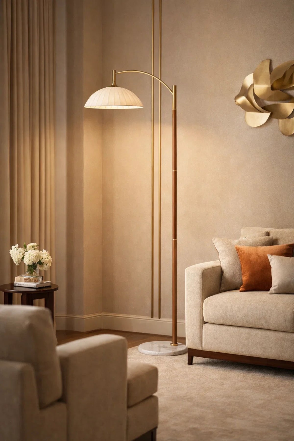 Modern Arc Floor Lamp with Marble Base and Wooden Stand for Living Room
