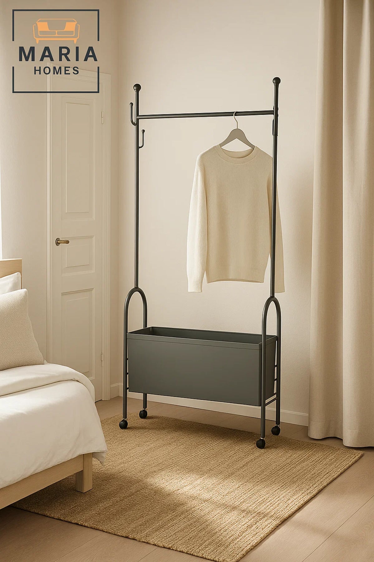 Industrial Black Rolling Garment Stand with Storage Bin