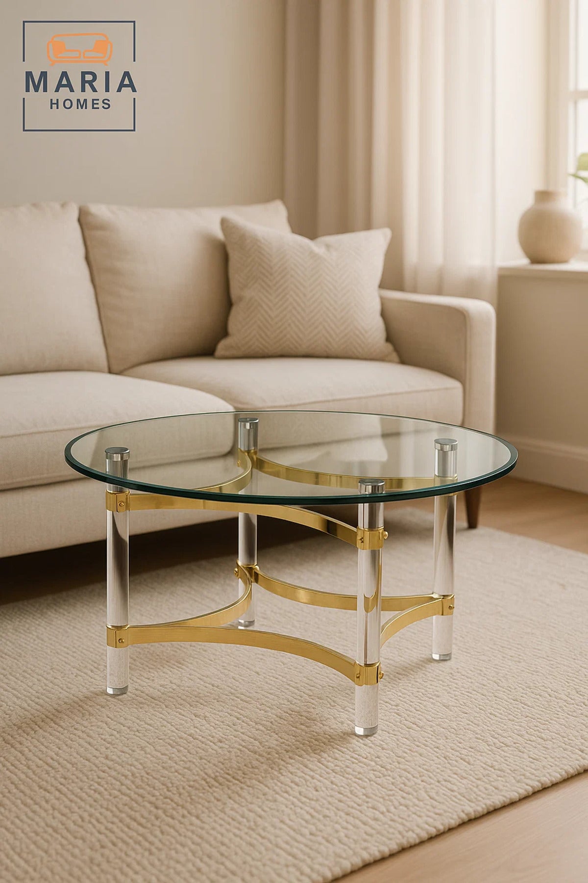 Luxury Round Glass Coffee Table 90_90_45 cm with Gold Stainless Steel and Acrylic Legs