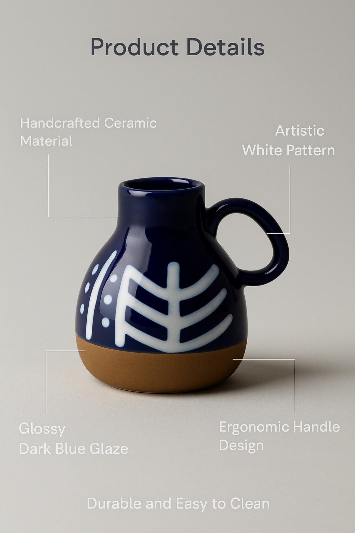 Dark Blue and White Ceramic Jug Ð Handcrafted Geometric Decorative Vase