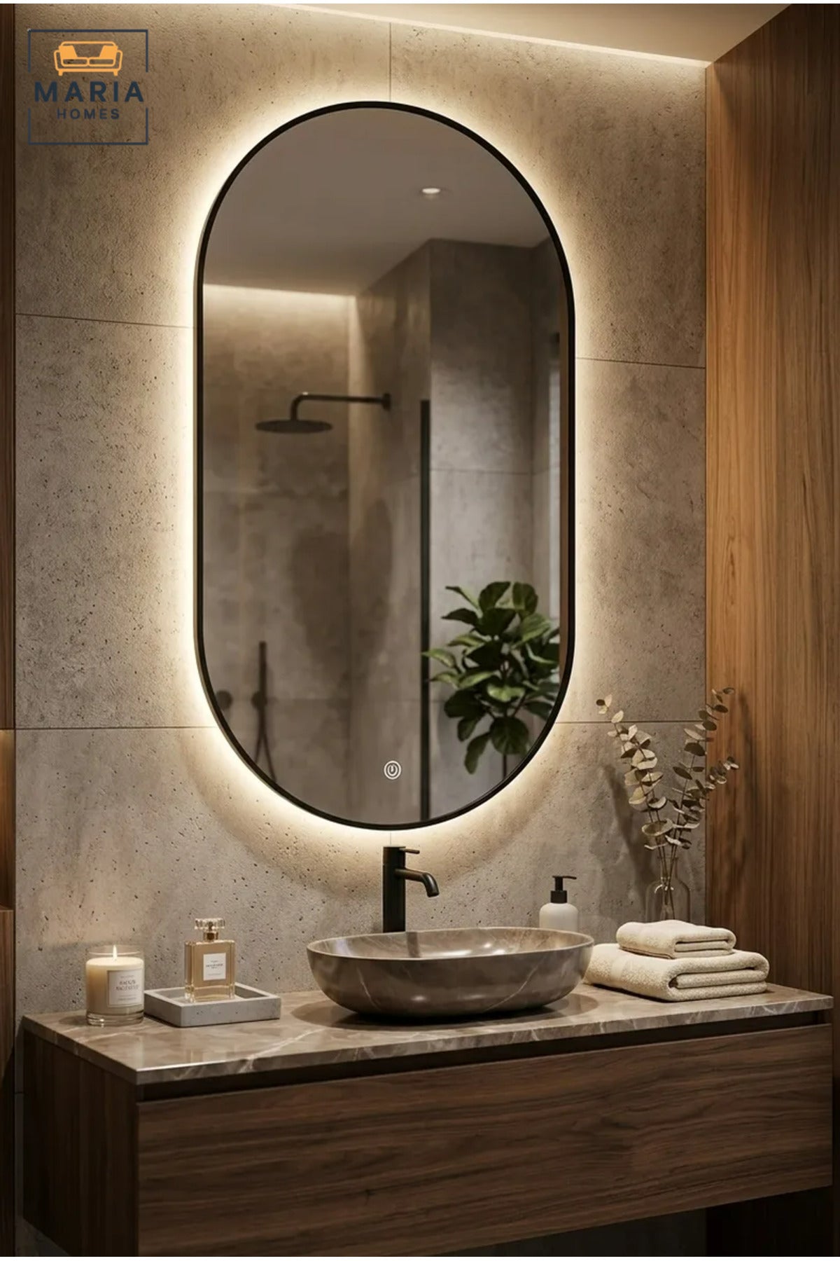 Large Capsule-Shaped LED Wall Mirror with Touch Sensor, Backlit Framed Full-Length Mirror for Bedroom, Dressing Room, Vanity and Hallway