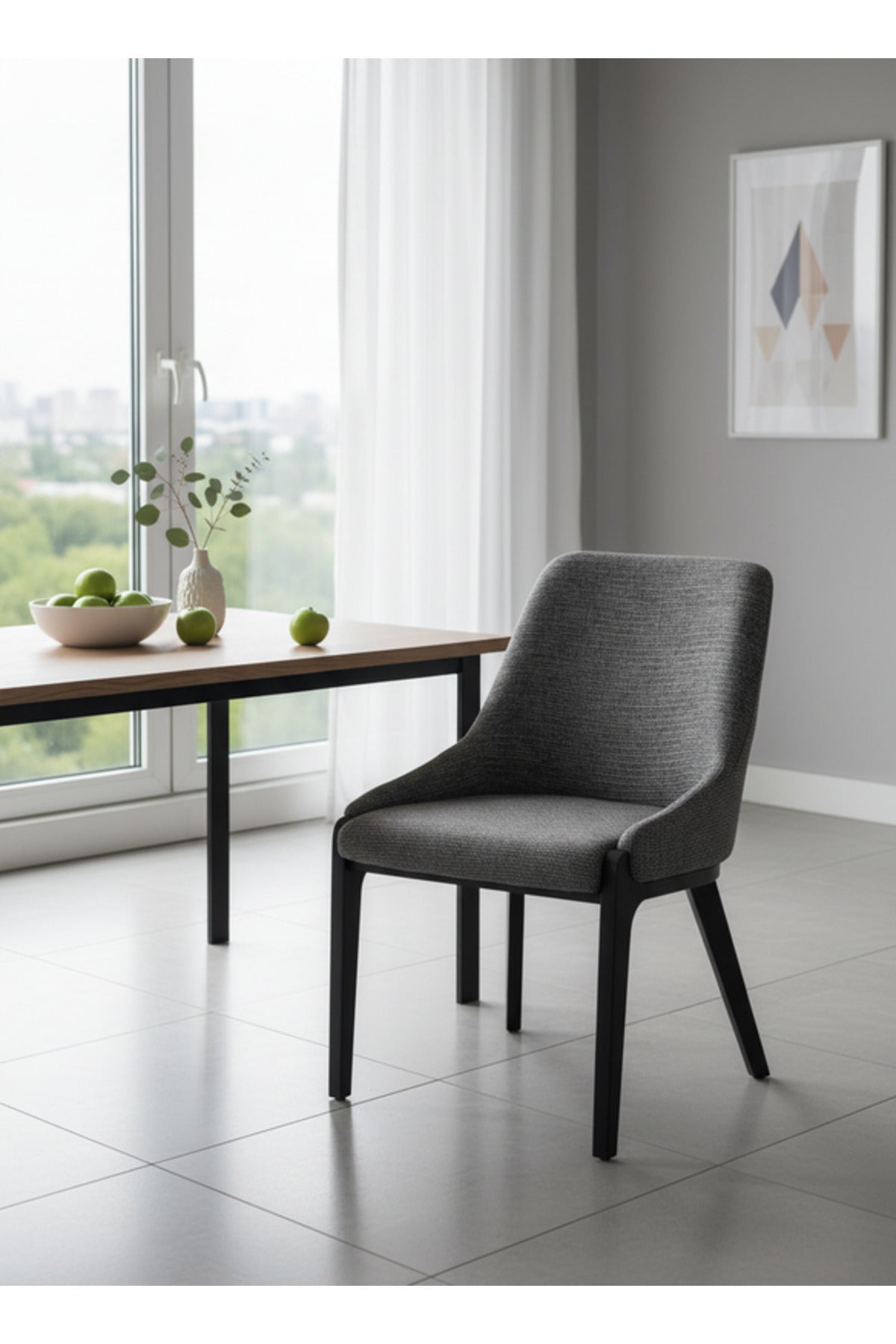 Modern Gray Fabric Dining Chair with Black Wooden Legs for Dining Room Seating