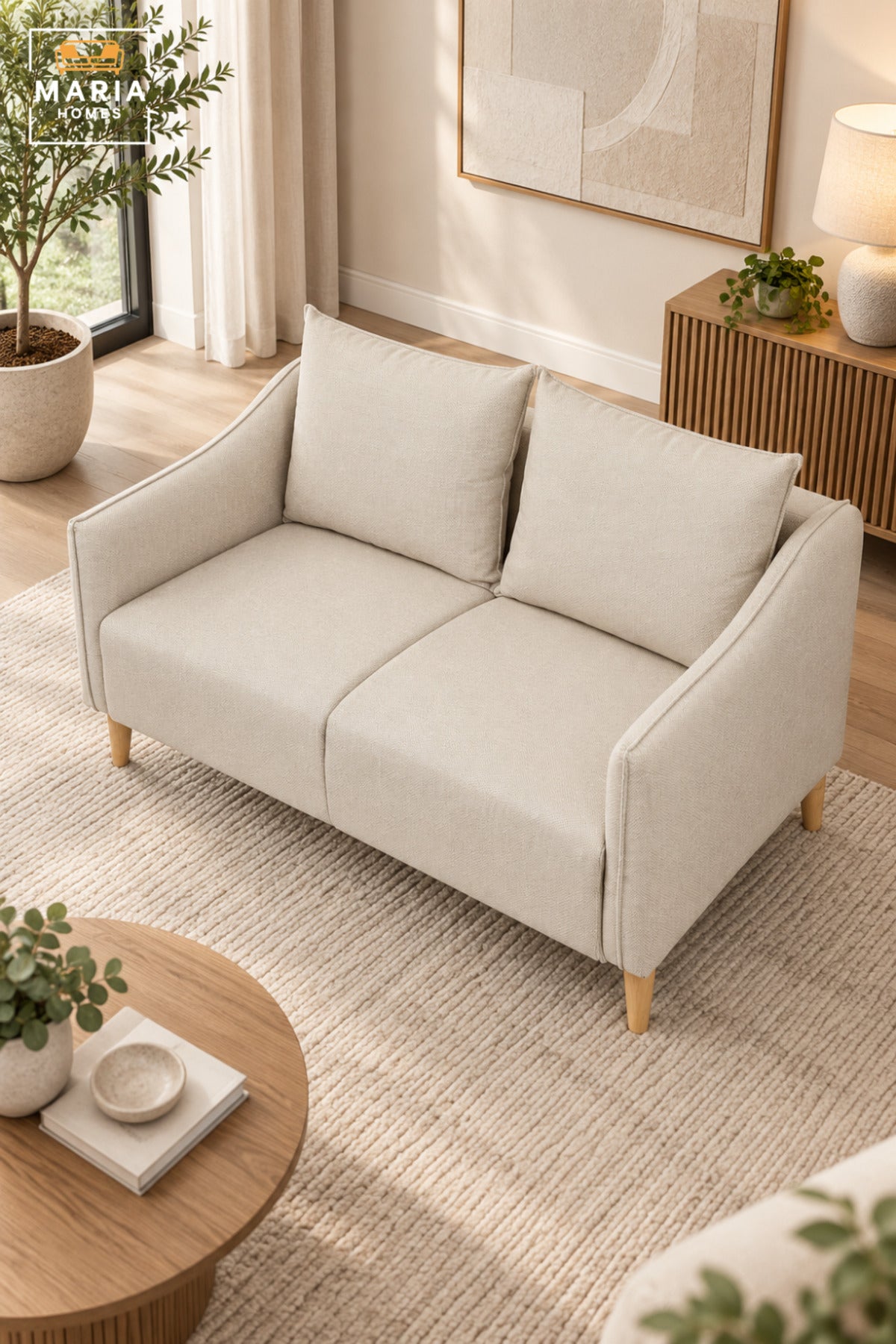 Modern 2 Seater Fabric Sofa with Soft Back Cushions, Comfortable Loveseat with Armrests and Wooden Legs for Living Room, Bedroom & Lounge