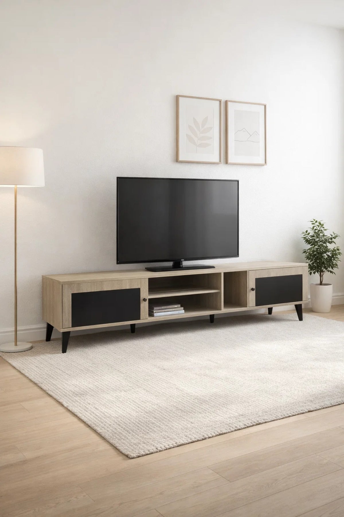 Beige & Black TV Stand √ê 200x40x45 cm Modern Plasma Table with Cabinets & Shelves