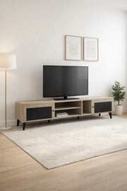 Beige & Black TV Stand √ê 200x40x45 cm Modern Plasma Table with Cabinets & Shelves