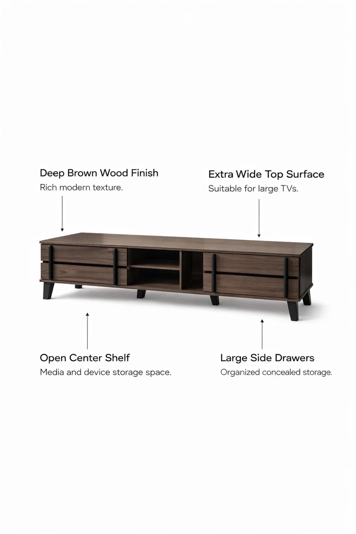 Furniture 200cm Modern TV Unit Dark Brown Wood Media Stand with Drawers for Living Room