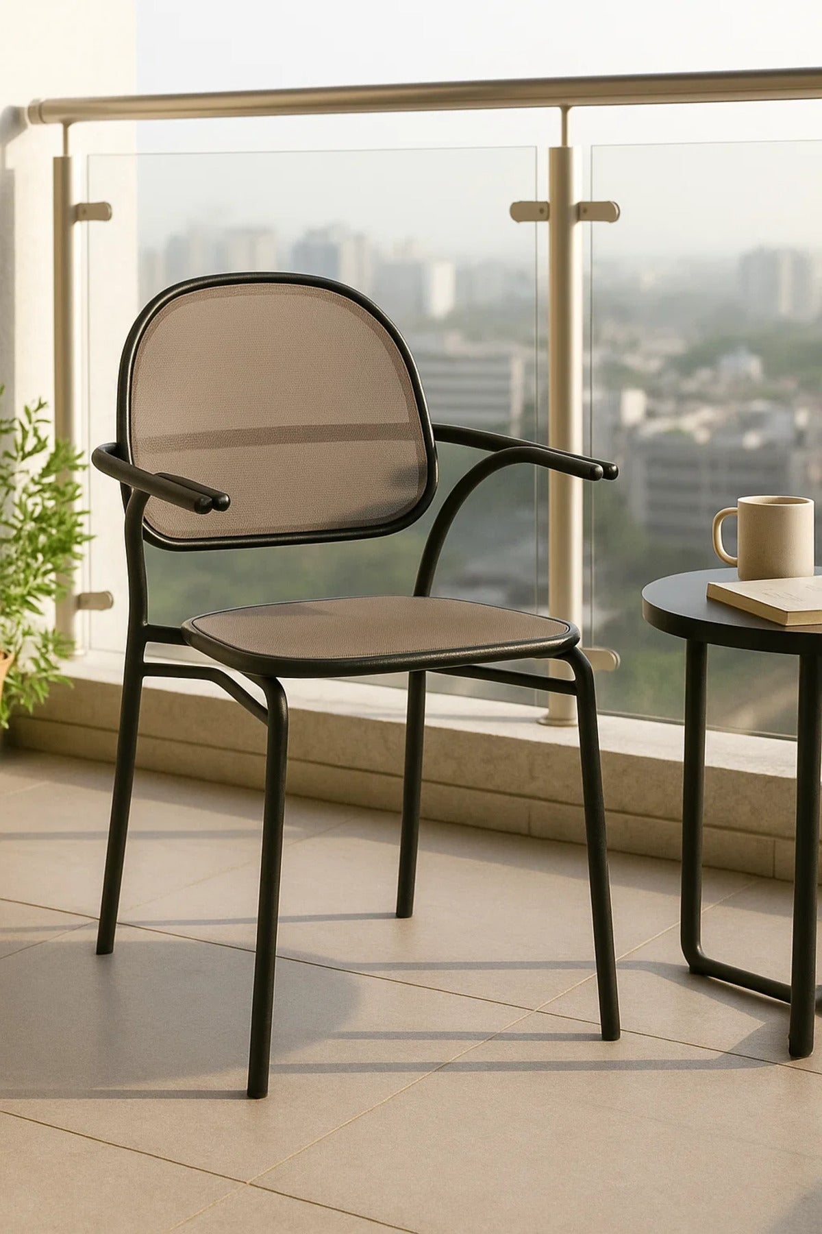 Black Metal Outdoor Chair Brown Seat Modern Dining Patio Balcony CafŽ Terrace Home Furniture