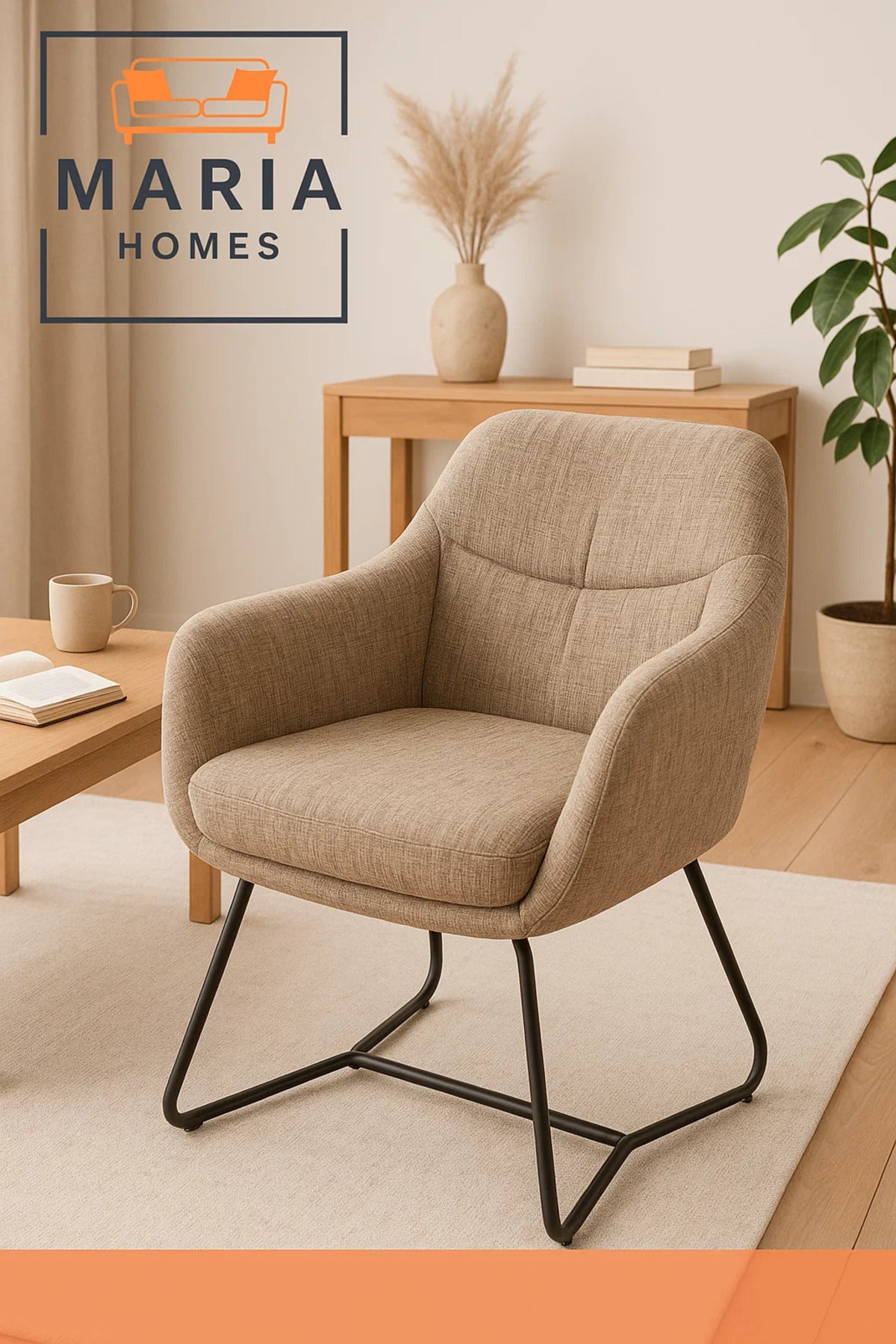 Beige Textured Fabric Lounge Chair Ð Upholstered Armchair with Sled Metal Legs for Home or Office