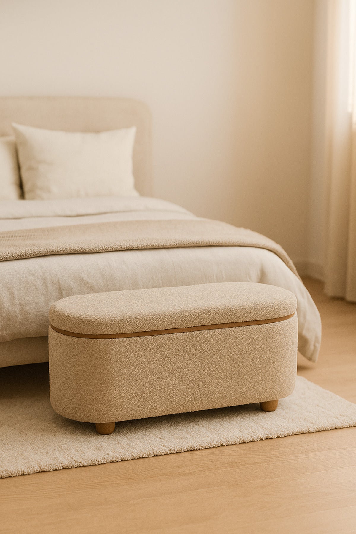 Brown Oval Storage Ottoman Bench with Wooden Base Ð Modern Fabric Seat 88_35_40 cm