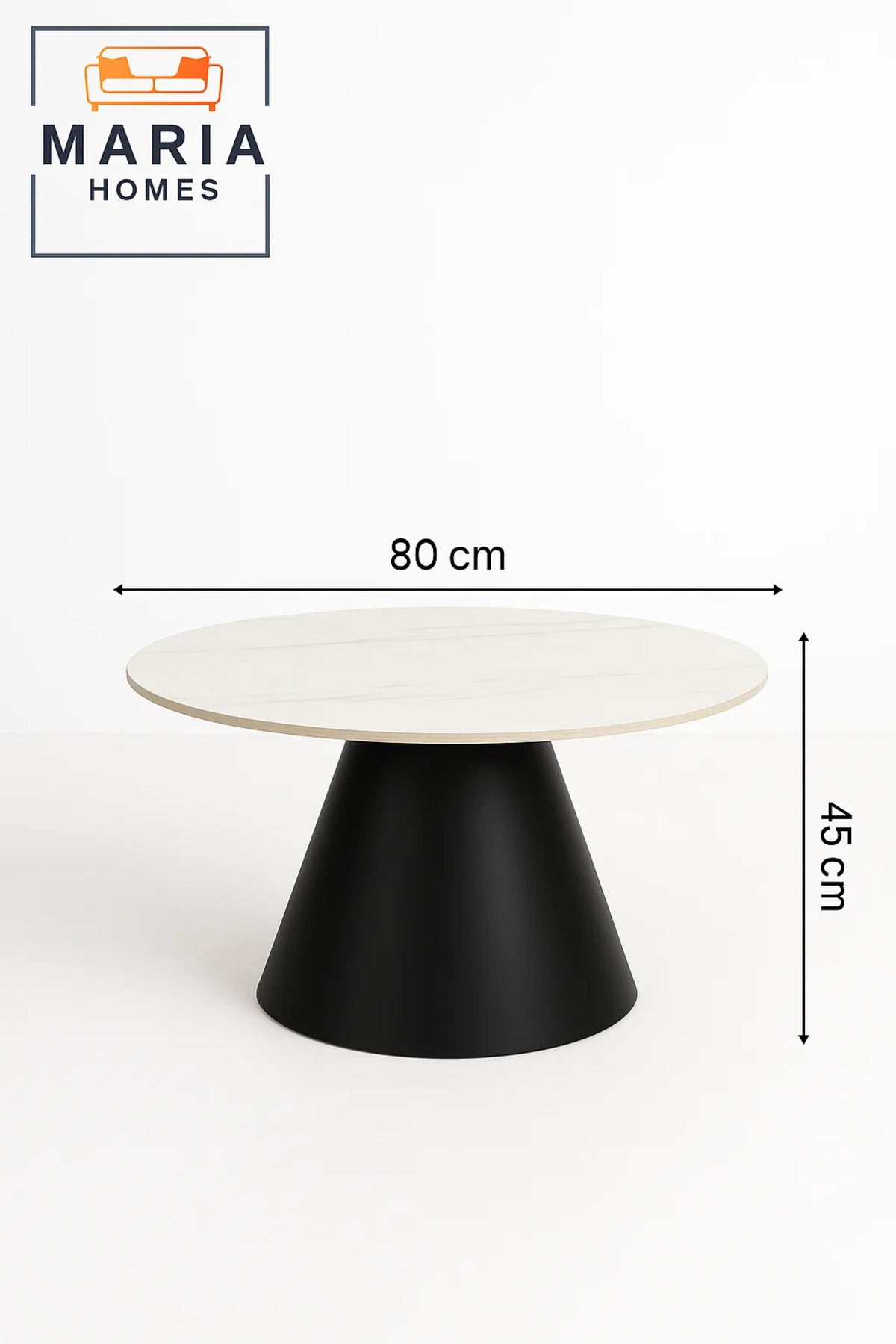 Round white marble table with black cone base